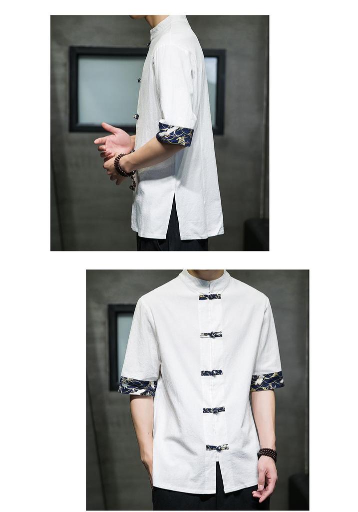 Men's 2022 Retro Chinese Style Color Block Cotton Linen Frog Button Short Sleeve Shirt