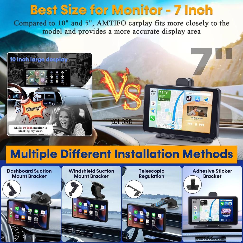 7" 2K DVR Rotating Len Wireless CarPlay & Android With Front Rear Camera  Auto Dash DVR Night Vision Rear View Mirror BT FM