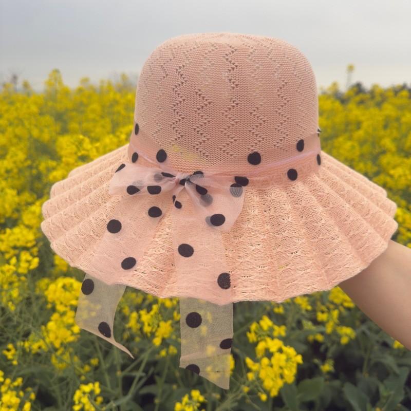 Straw Hat With Polka And Bow Design For Sun Protection Summer Beach Fashion