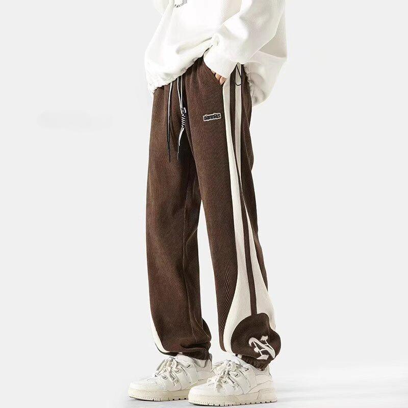 Men's Autumn Corduroy Contrast Color Sweatpants Vintage Warm Track Pants Streetwear Loose Casual Stripe Trousers