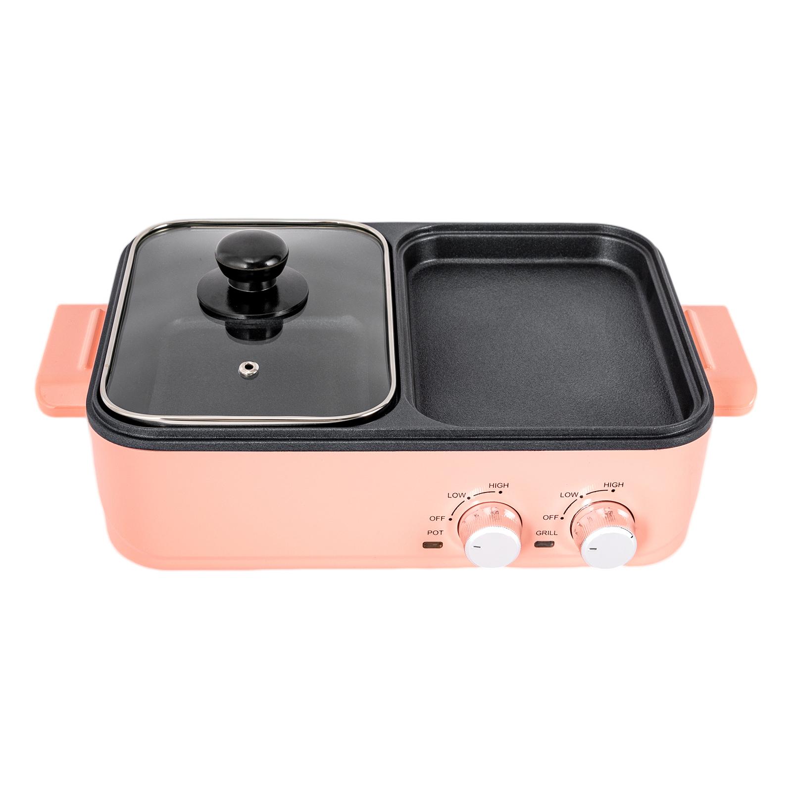 

Electric Hot Pot with Grill, 2 In 1 Nonstick Griddle&Hot Pot for Steak/Shabu Shabu/BBQ, Separate Dual Temperature Control, Pink рожевий