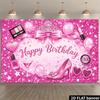 2D plane pink birthday party backdrop with high heels and crown decorations at the center.zyc
