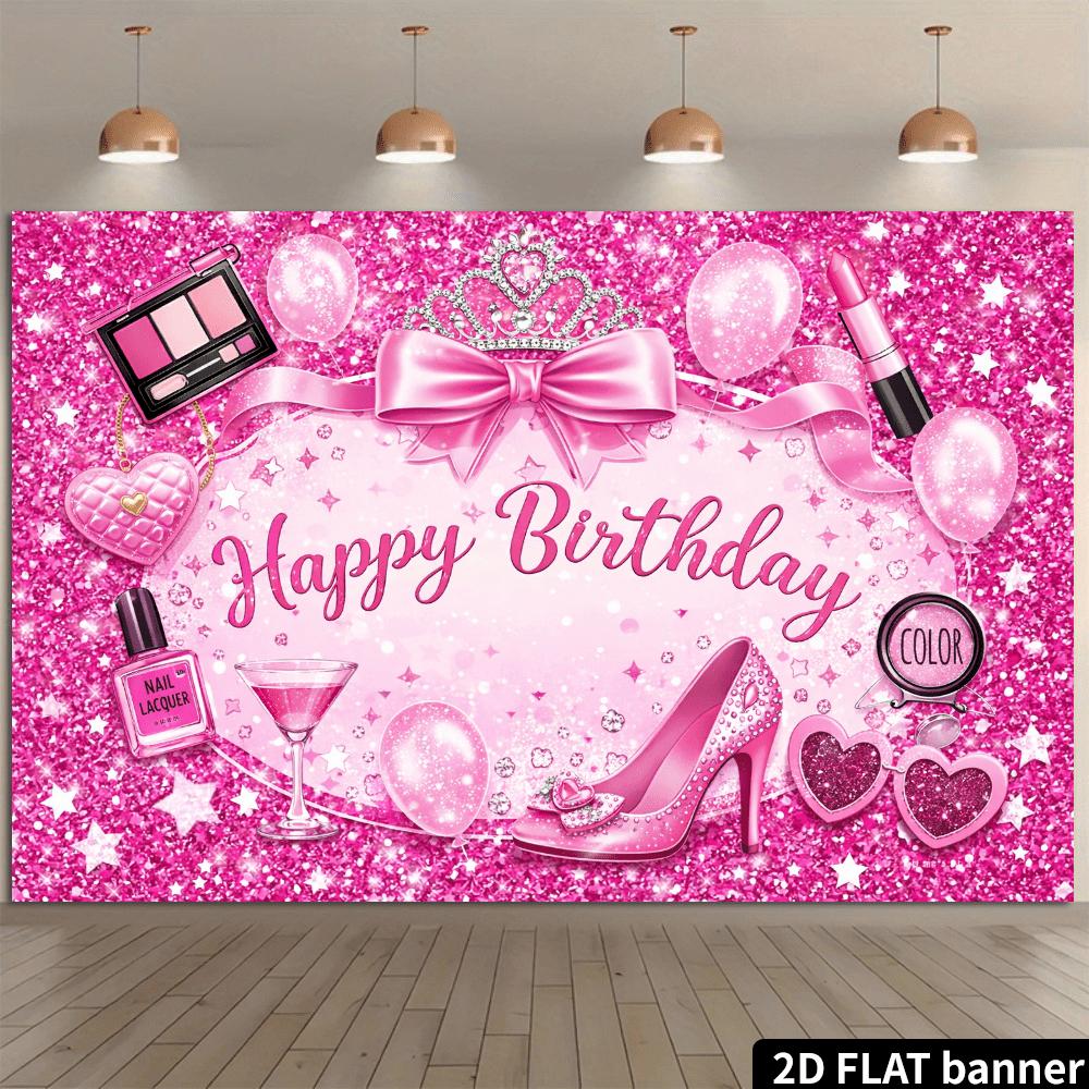 2D plane pink birthday party backdrop with high heels and crown decorations at the center.zyc