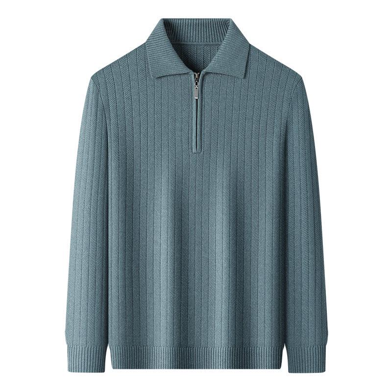 Men's Mid-Aged Half-Zip Knit Polo Shirt - Thick Solid Color Sweater for Autumn and Winter