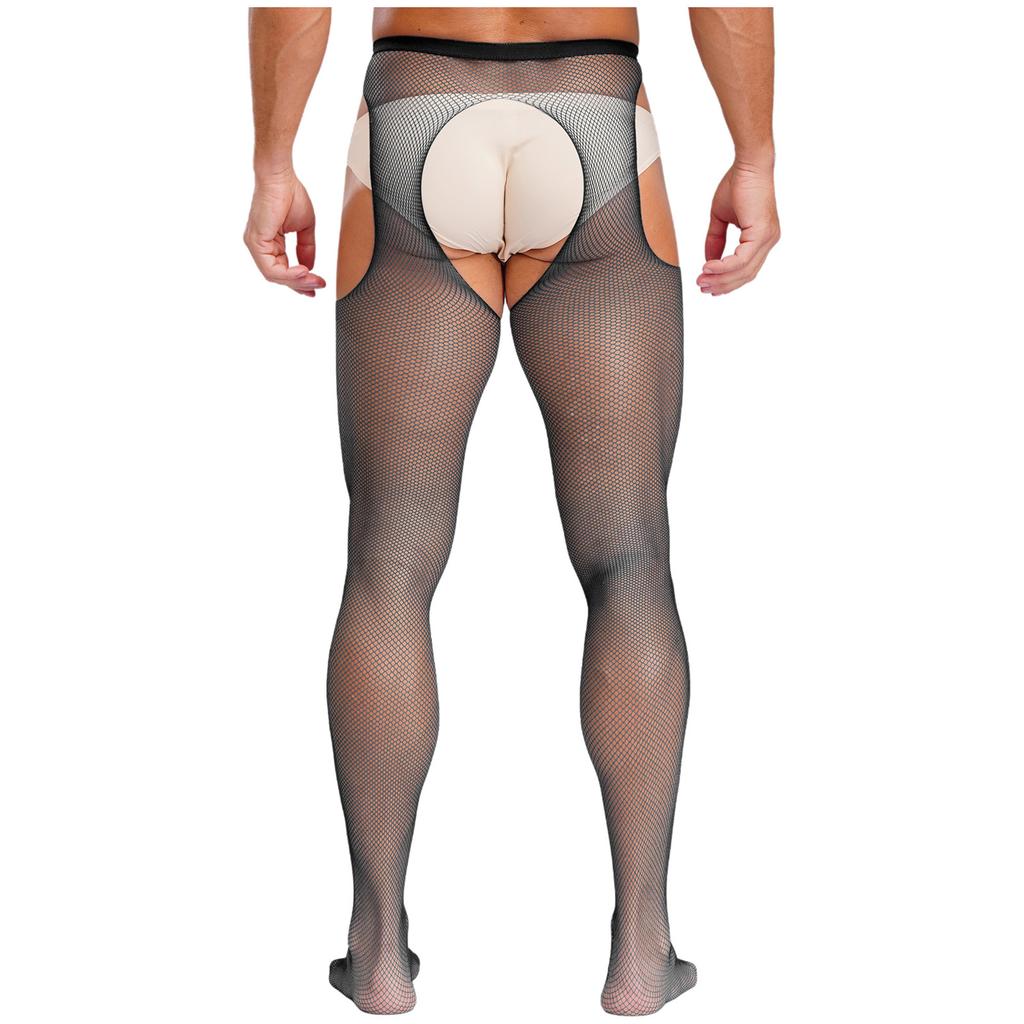 Mens Mid Waist Hollow Out Cutout Opening Crotch Tights Stockings Leggings Elastic Waistband Pantyhose