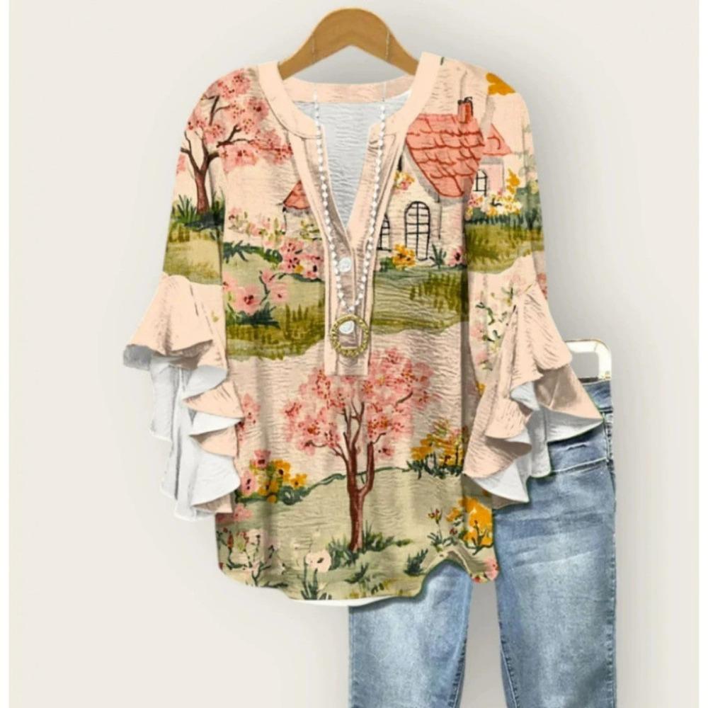 Large Women's Bohemian V-neck Shirt with Ruffle Sleeves, Grey Brown Floral Print Top, Casual Breathable Machine Washable Pullover