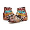 Johnature Genuine Leather Short Boots Hand Printed Retro Patchwork Fashionable Rivets Mid Heeled Shoes