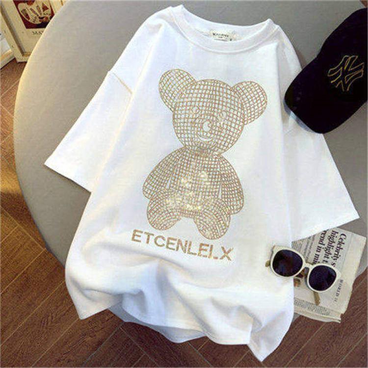 

Футболка с короткими рукавами Bear Hot Diamond для женщин, женская весенняя новая свободная утолщенная футболка с короткими рукавами большого размера для женщин 2XL белый