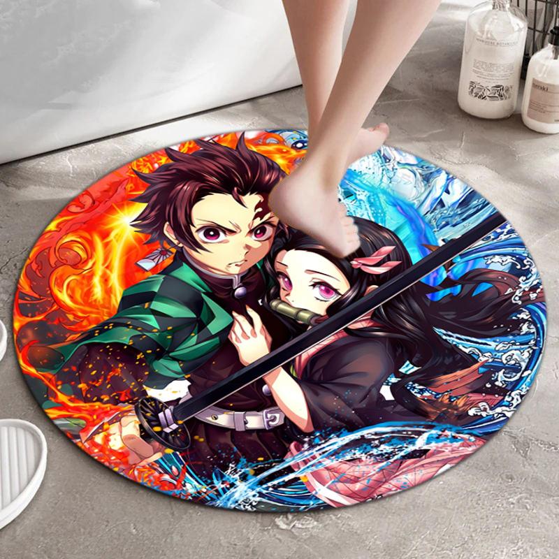 Classic Japanese-style Cartoon Demon Slayer Round Rug, Home Soft Decorative Anti-slip Yoga Mat and Chair Mat, Outdoor Floor Mat Carpet K6