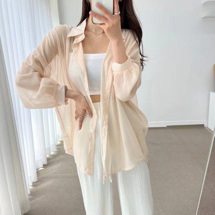 Magliette Solari Estive Donna Trasparenti Sottili Chic Semplici Monocolore Protezione Solare Ampie All-match Abbigliamento Base