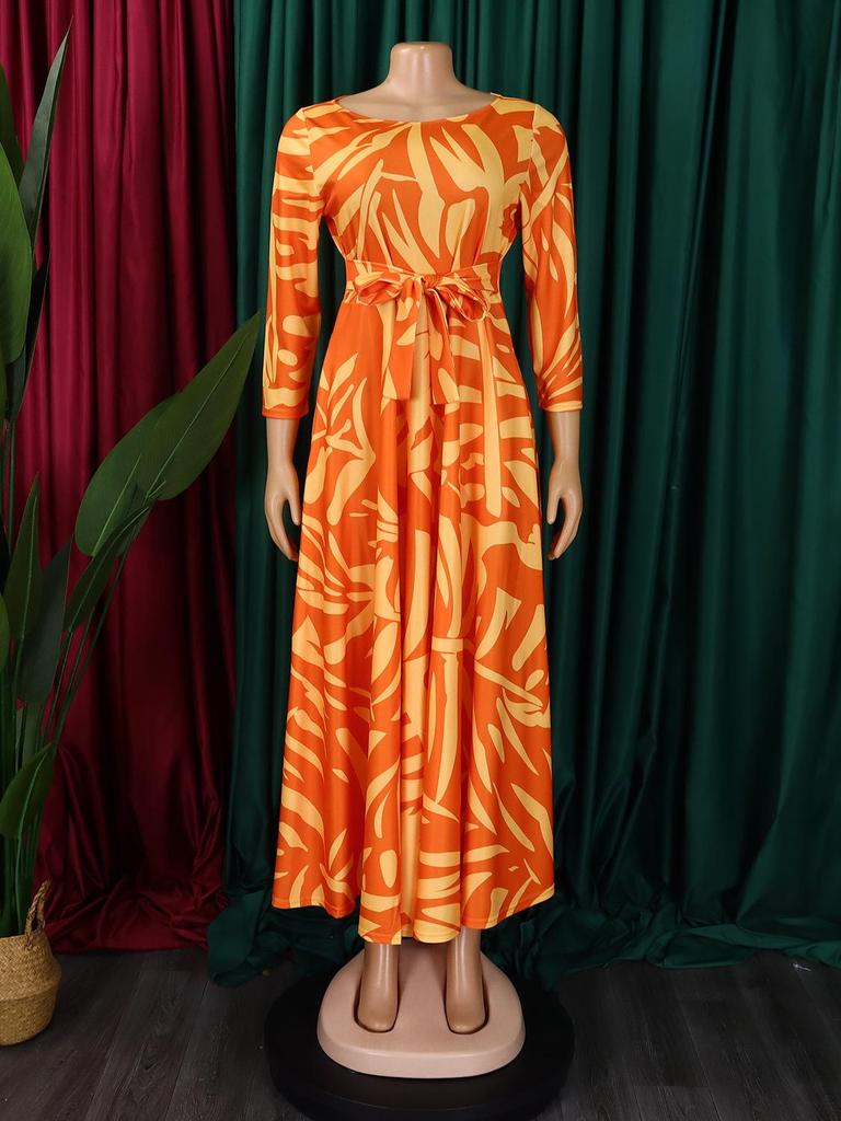 Women's 2024 Spring Lace-up Print African Plus Size Midi Dress