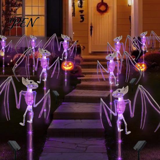 PVC Realistic Bat Statues Solar Halloween Garden Lights, Skeleton Pathway Decor, Waterproof LED Haunted House Decor Spooky Stake Light for Outdoor