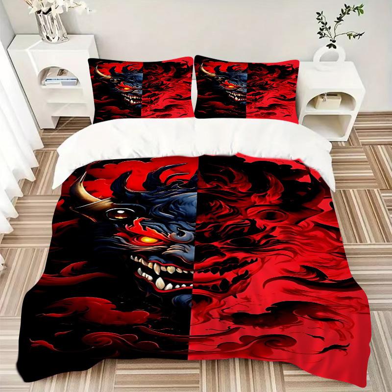 3Pcs Demon Mask Printed Bedding Set, Breathable And Soft, Machine Washable, Christmas Gift, Suitable for Bedroom Decoration, 15178