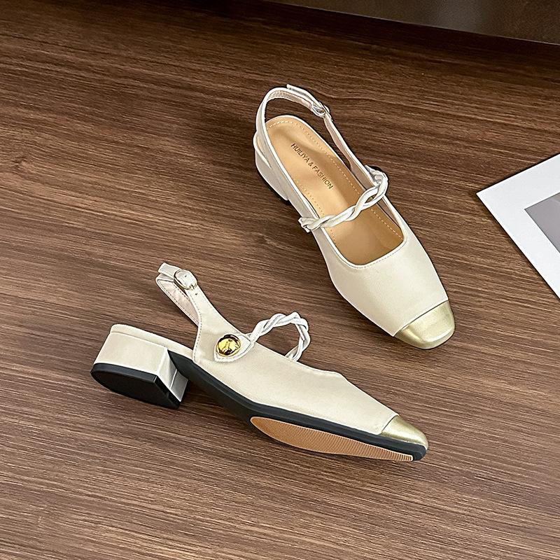 

Y081-2 однословная пряжка с квадратным носком, цветная сумка на голову, сандалии 2025 новый летний пустой низкий каблук 40 абрикосовый