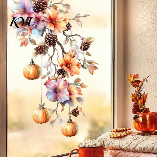 Autumn Theme Party Supplies Fall Thanksgiving Static Window Clings, Pumpkin Maple Leaf Floral Glass Reusable Stickers Decals, Removable Harvest Season