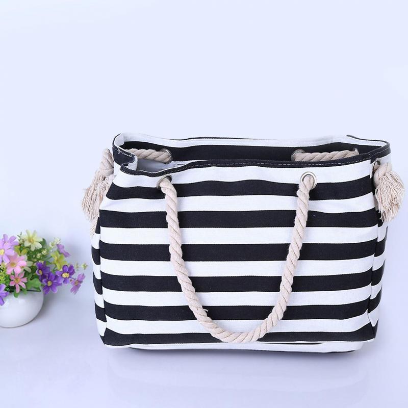 Tote Bag Large Capacity Zipper Closure Strong Load Bearing Striped Pattern Multi-use Storage Portable Foldable Women Beach Bag Travel Supplies