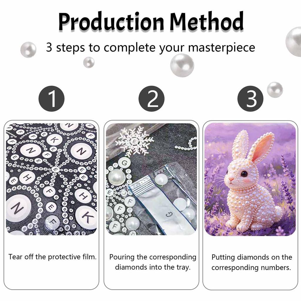 Pearl painting kit features a cute rabbit in a lavender field with 5D pearls and a mosaic art style. home wall decoration.