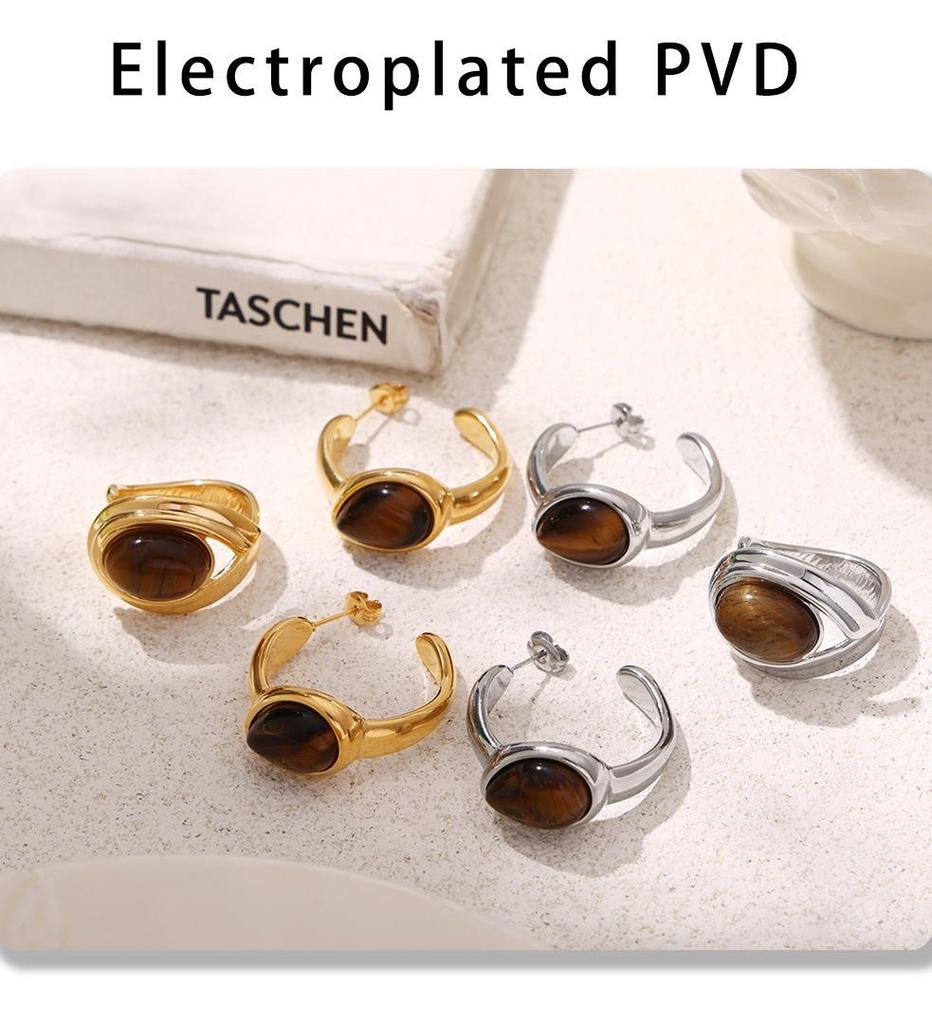 Retro Europäische & Amerikanische C-förmige Tigeraugenstein-Ohrringe mit Edelstahlring, PVD-beschichteter Schmuck.