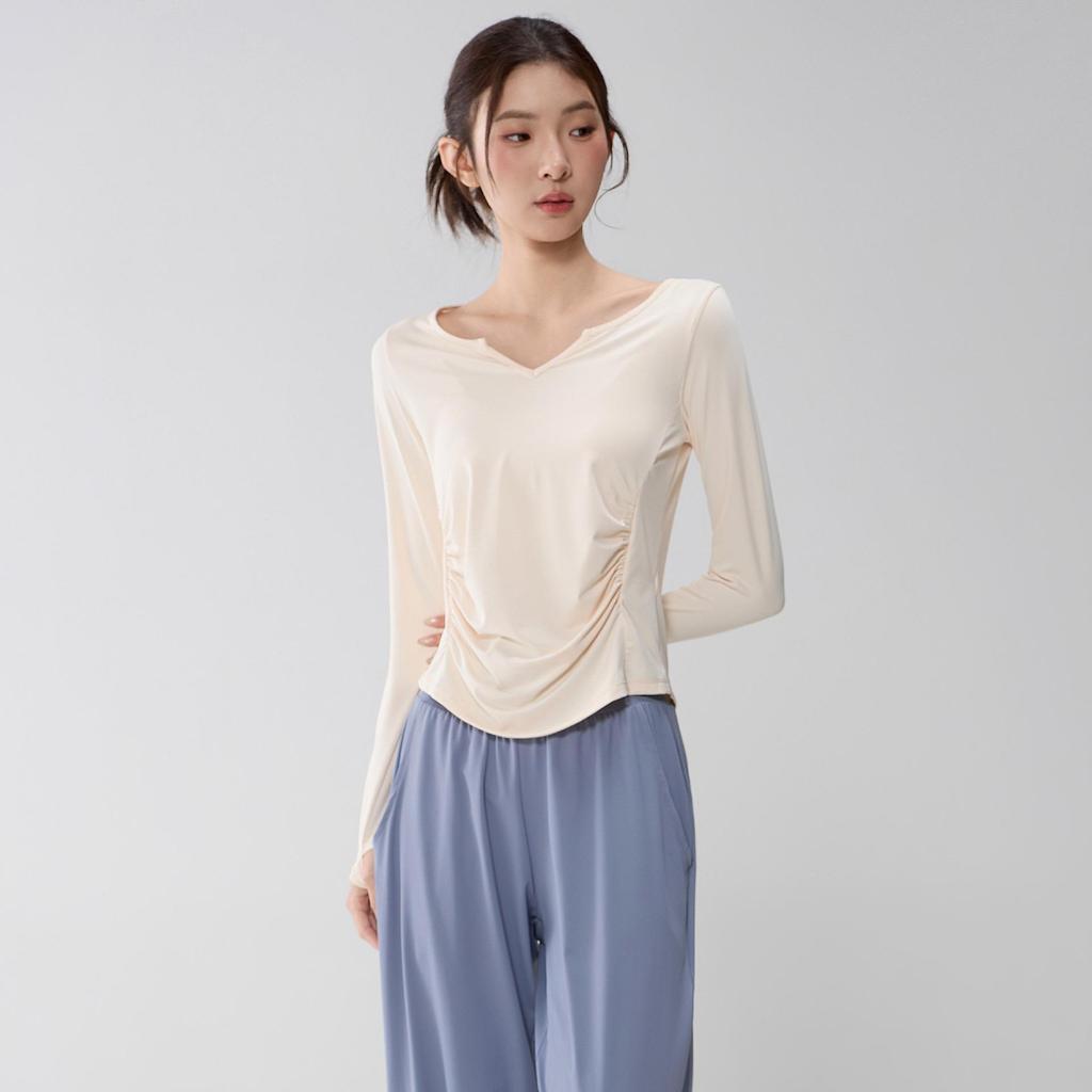 Women's V-Neck Yoga Suit: Loose, Quick-Dry, Long Sleeve for Casual Sports and Pilates Training