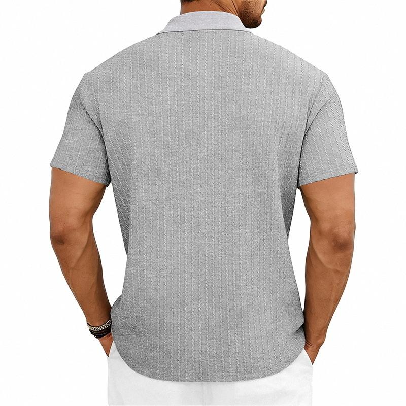Mens Summer Textured Short Sleeve Polo Shirt Business Casual Solid Lapel Top
