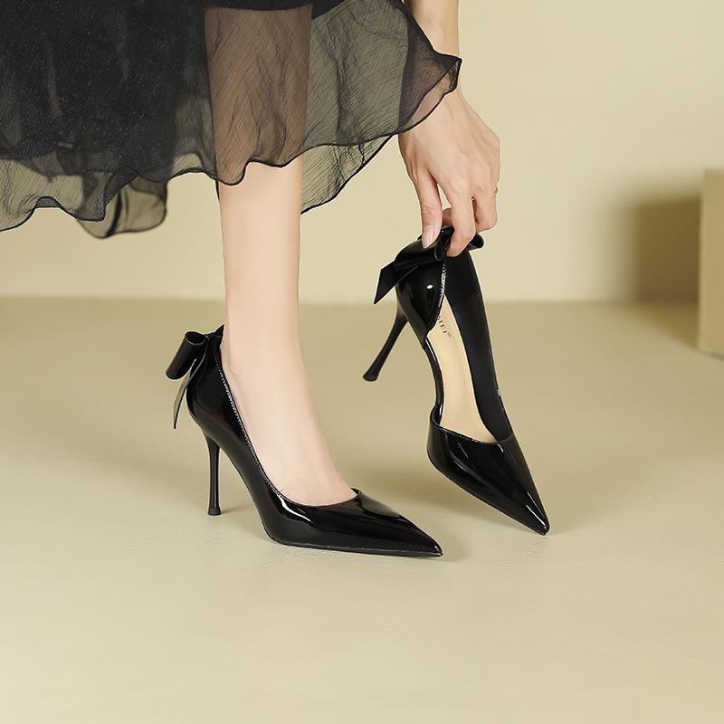 6-1 pointed thin heel high heels women's side empty bow high heel single shoes nude professional work shoes