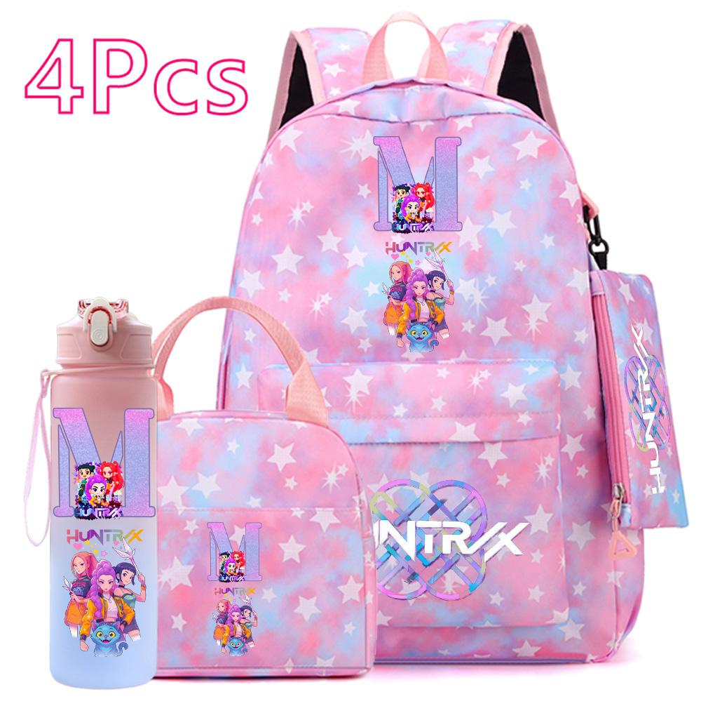 4 Pezzi/set Zaino Stampato con Lettere Inglesi Borsa Grande per Libri Borsa a Mano Custodia borsa con Portabottiglie Acqua da 750ml Zaino Scolastico Ragazzo Ragazza