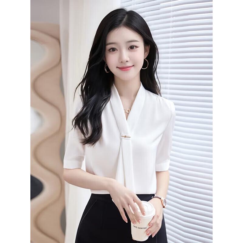 Taluoman Women's Short Sleeve Chiffon Tie-Neck Blouse