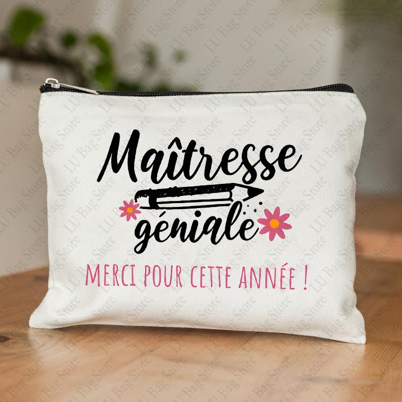 Teacher Theme Women Makeup Bag Maitresse Inspired Cosmetic Case with French Style Design Educational Motif Wallet Work or School
