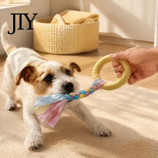 Boredom Buster for Dogs Dog Tug-of-War Toy, Rubber Ring with Braided Cloth Strips, Interactive Safe Non-Toxic Chewing Rings Chew Toy Small to
