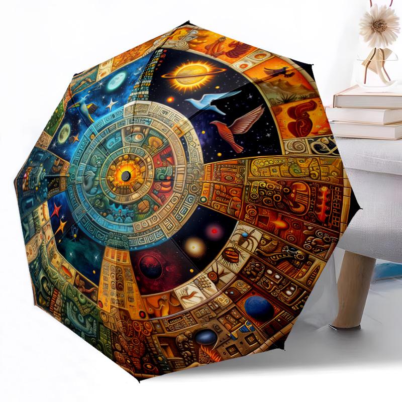 Aztekenkalender-Scheibe Outdoor Automatischer Regenschirm Kompakt 8-Rippen Leicht Langlebig Täglicher Begleiter Regenschirm Outdoor-Accessoire Stilvolles Geschenk für Frauen