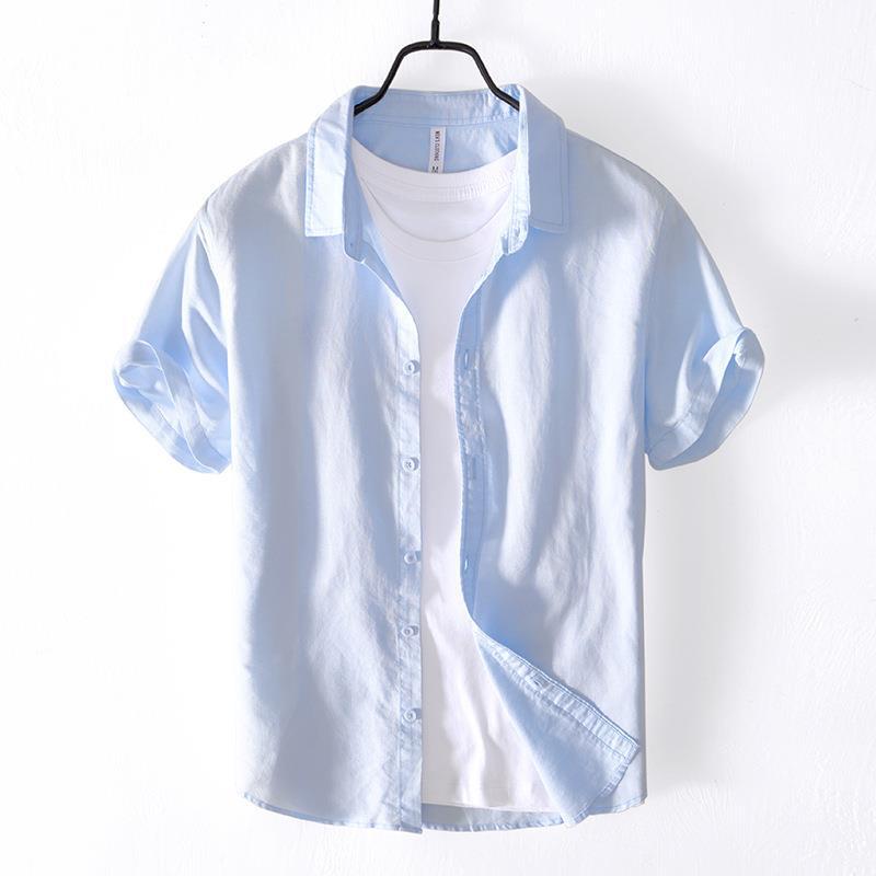 Classical Summer Shirt Male Turn-down Collar Cotton Linen Short Sleeve Shirt for Man Solid Color Button Casual Shirt Simple Style Clothing