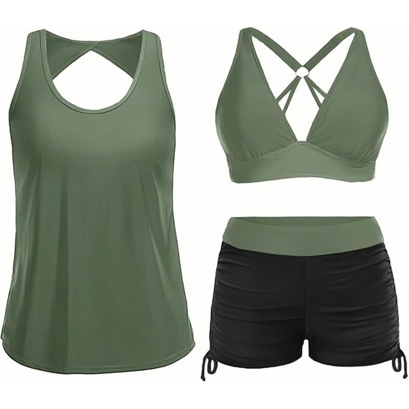 Hollow Back Three-piece Set, Side Adjustable Drawstring Boxers, Split Swimsuit for Women