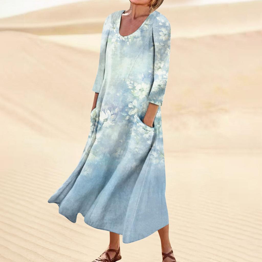 Kleid für Damen, Frühling, Boho, lässig, modisch, 3/4-Ärmel, Kleid für den Urlaub, große Größe