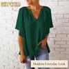 Women's Fashion Casual Solid Color Print Short Sleeve V Neck Blouses & Shirts