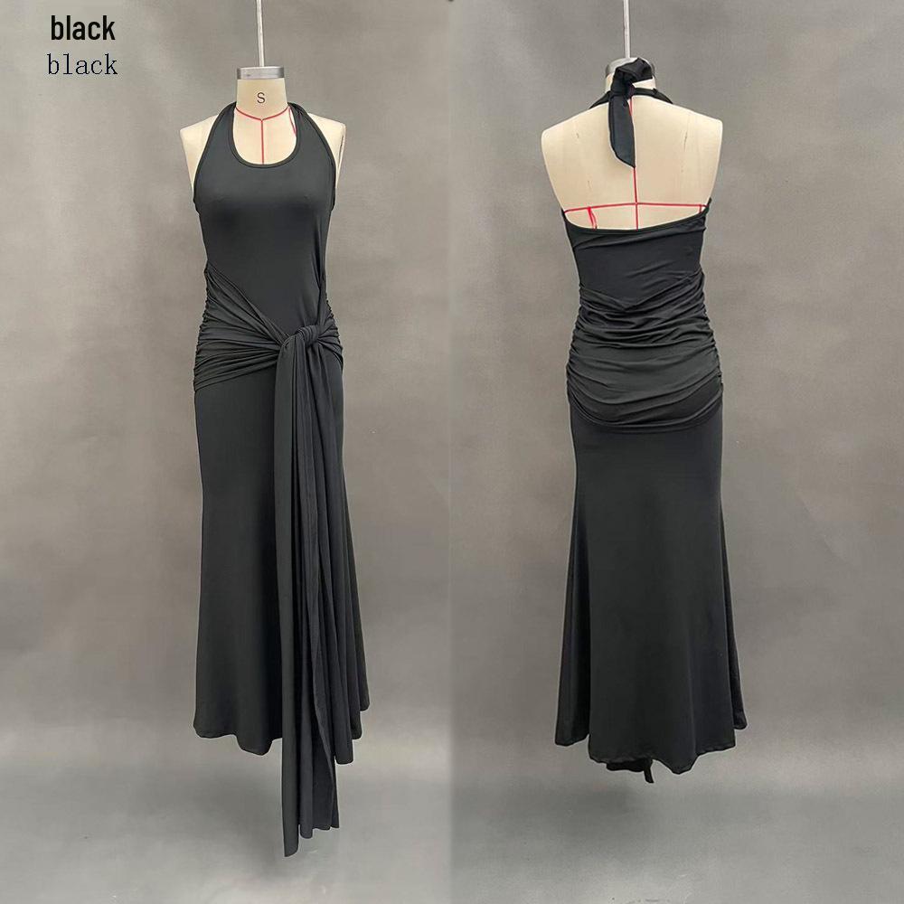2026 European & American Spliced Ribbon Camisole Halterneck Slim Fit Long Dress