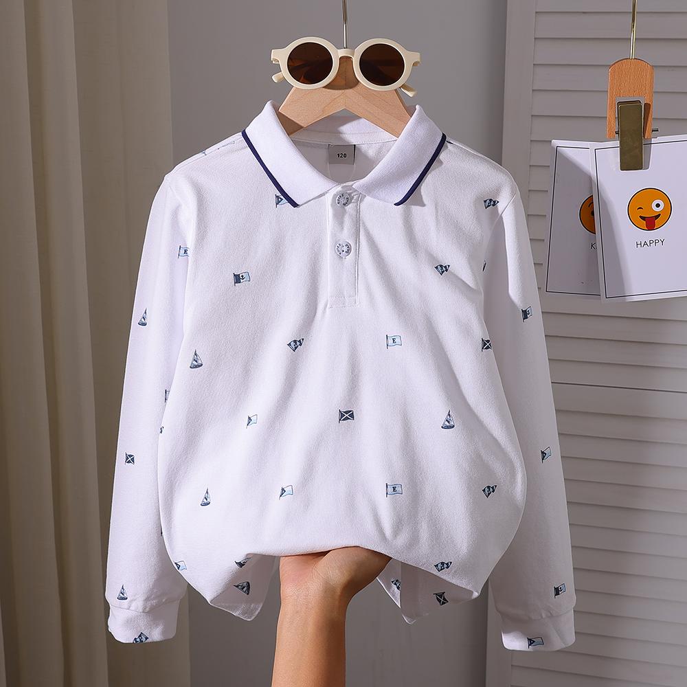 

Поло с длинным рукавом из хлопка для мальчиков 5-12 лет, принт, топ для весны-осени, школьная одежда, удобная детская одежда 160 белый