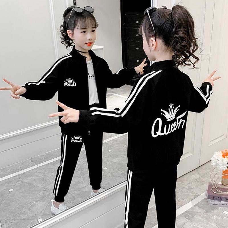 Frühling Kinder Mädchen 2-teiliges Bekleidungsset Lockerer Buchstaben Cartoon Reißverschlussjacke für Junior-Mädchen Lässige Trainingshose Passende Outfits
