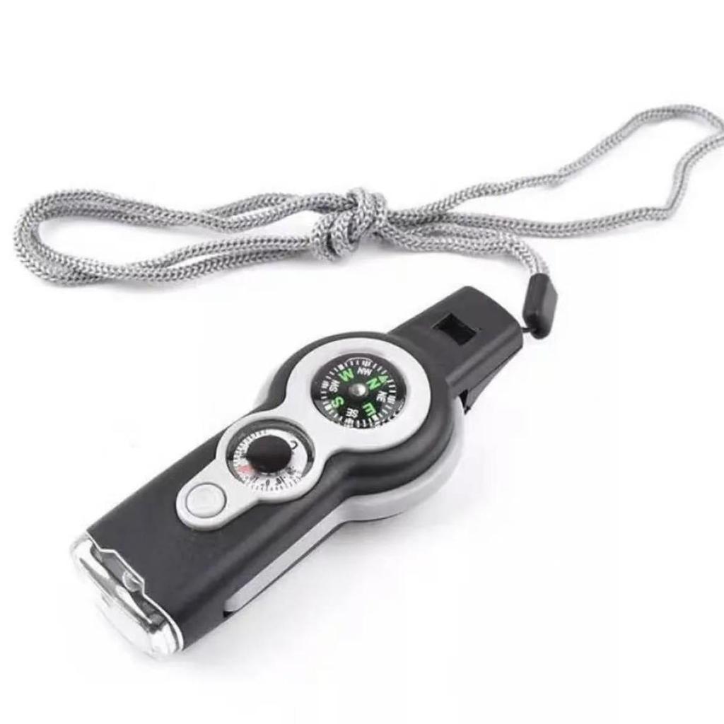 Multifunctional 7-in-1 Survival Whistle with LED Light, Thermometer, and Compass