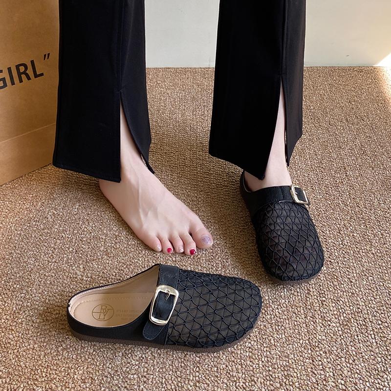 Fashion CRLAYDK Mule for Women Backless Buckle Loafers Slip On Mesh Hollow Out Casual Walking Flat Slides Closed Toe Ladies Slippers