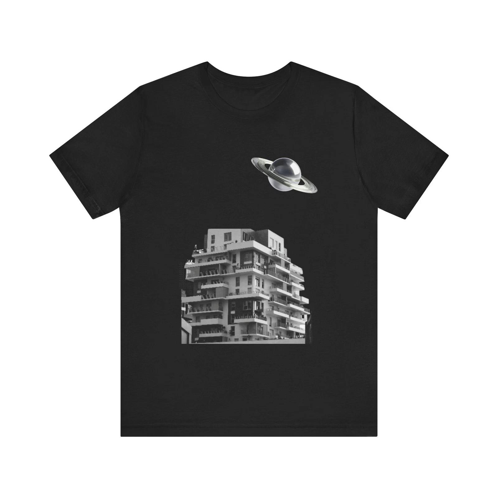 

Retro UFO Over Apartment Building T-Shirt | Alien Spaceship Tee M