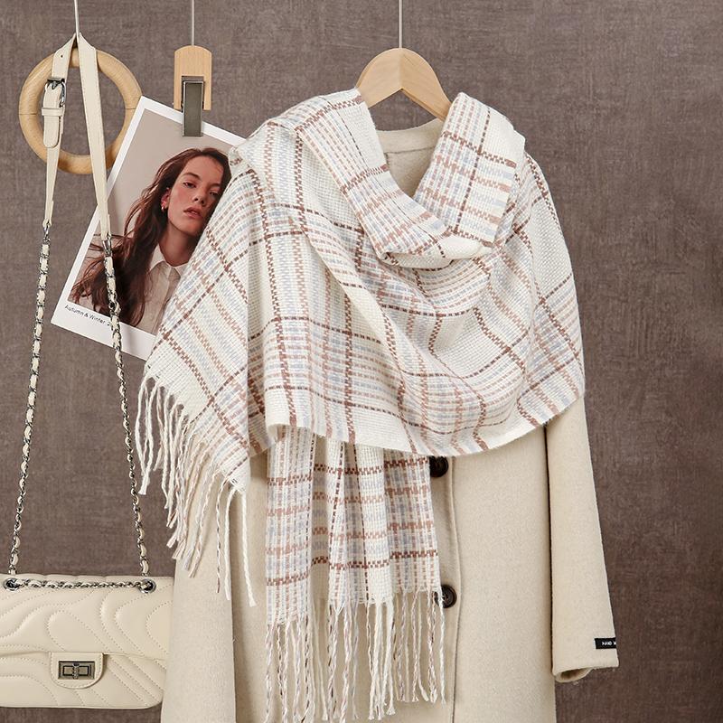 

White Plaid Print Scarf Tassels Shawl For Woman Winter Warm Scarves Cashmere Like Muffler Retro Stylish Versatile Warm Blanket