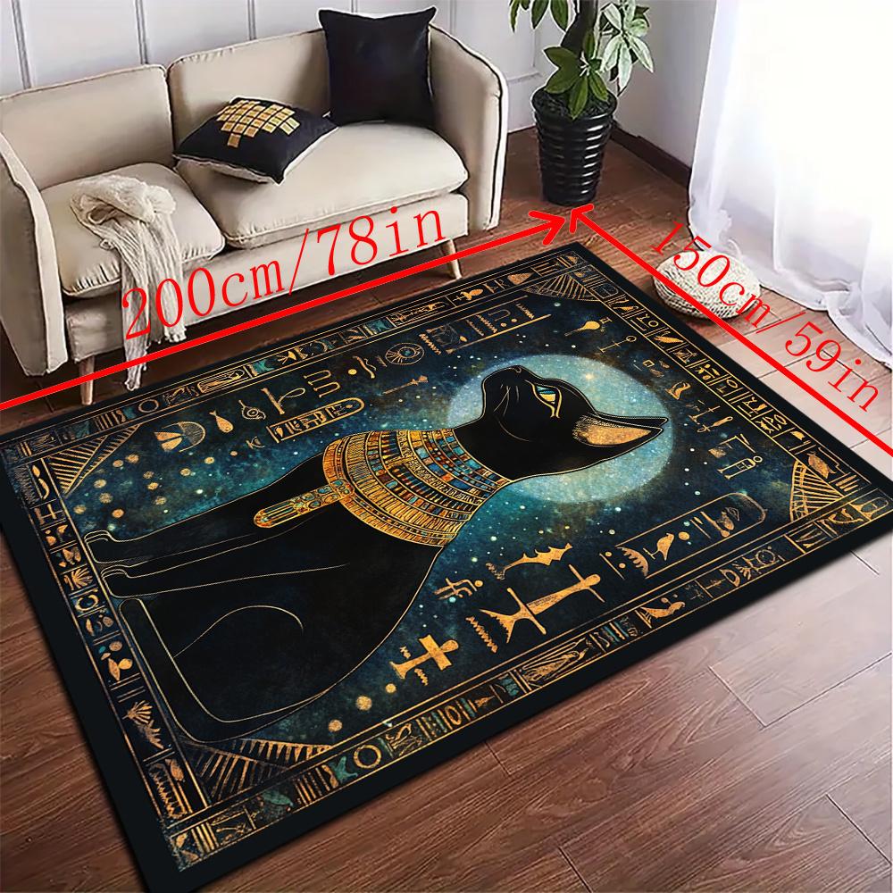 Egyptian Little Black Cat Mysterious Totem Pattern Rug,Office Chair Mat,Decorative Holiday Gift,800g/M2