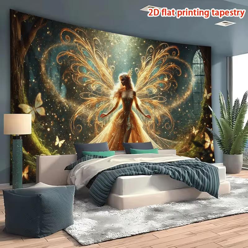 2D Enchanted Forest Fairy Tapestry Golden Sparkle Wall Art for Bedroom Decor