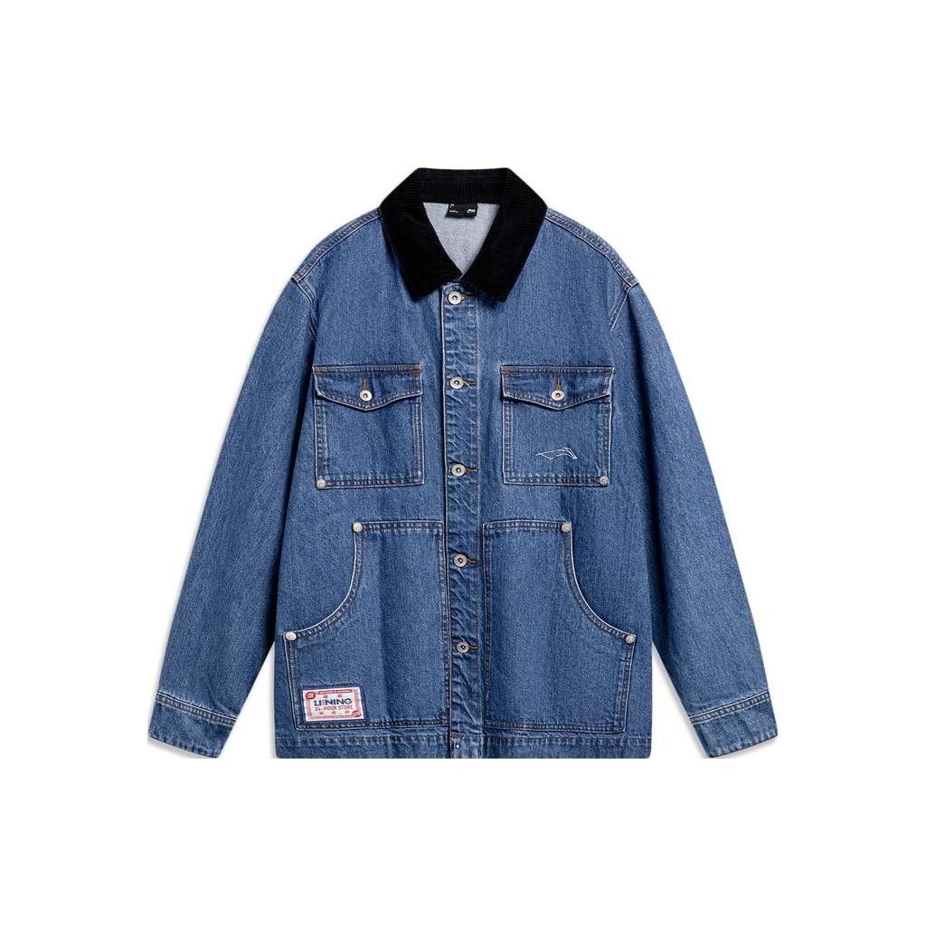 Li-Ning Letter Embroidered Single-Breasted Polo Collar Long Sleeve Denim Jacket Men jackets Medium-Blue-Denim AJDU071-2