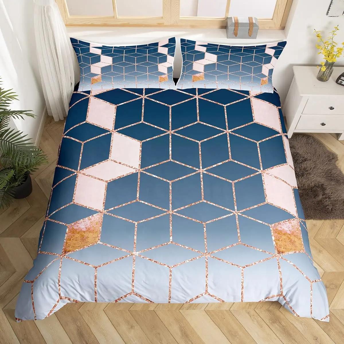 

Geometry Ombre Duvet Cover Full KingHoneycomb Marble Geometric Bedding Set For Teen Girls Women Diamond Hexagon Comforter Cover EU Single(135*200cm)3pcs