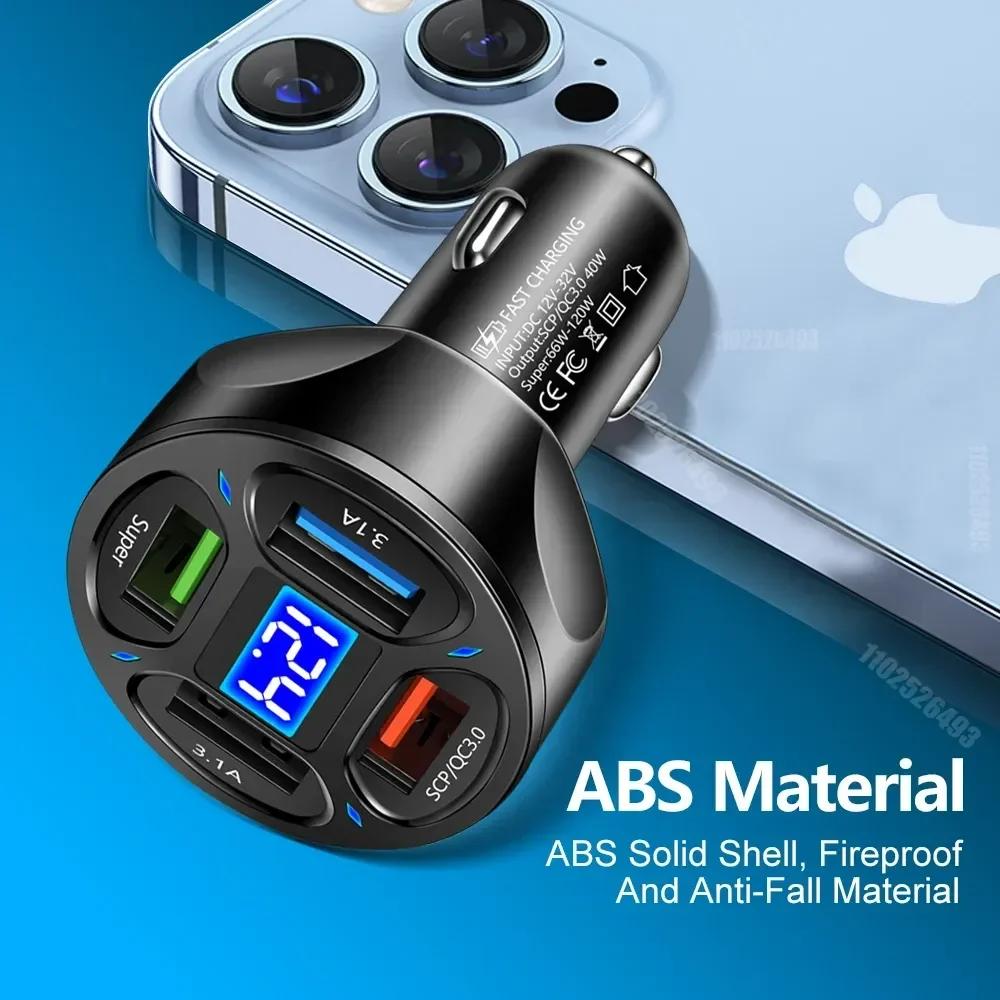 Super High Power Fast  3.1A Output Charging 4-Port Car Phone Charger with LED Digital Display -One Drag Four USB Multiple Phones