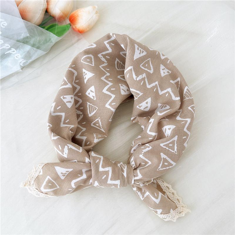 Cotton Linen Lace Edge Square Scarves 60cm Kerchief Neckerchief Bandanas Women Casual Neck Scarf Plaid Print Geometric Pattern