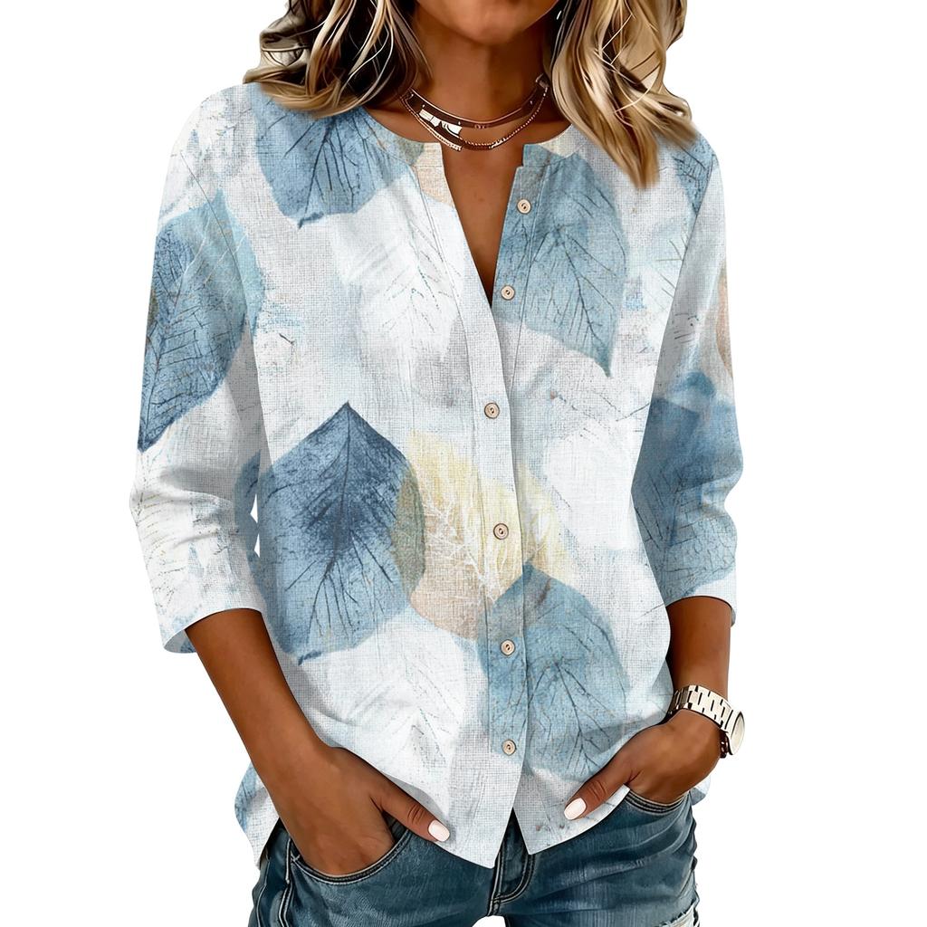 Women Vintage Floral Print Button Down Henley Collar Shirt Three Quarter Sleeve Linen Cotton Blouse Casual Lightweight Top