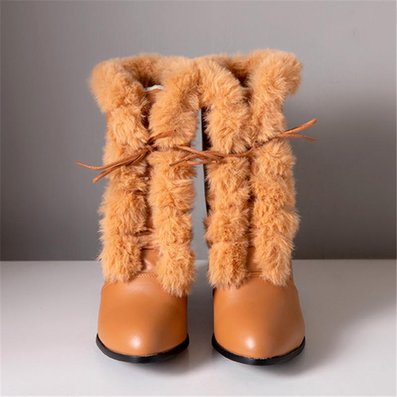 Fashion 2025 Autumn Winter Fur Women Ankle Boots Quality Solid Lace-up Ladies Shoes Fashion Square High Heels Boats Botines Mujer 33