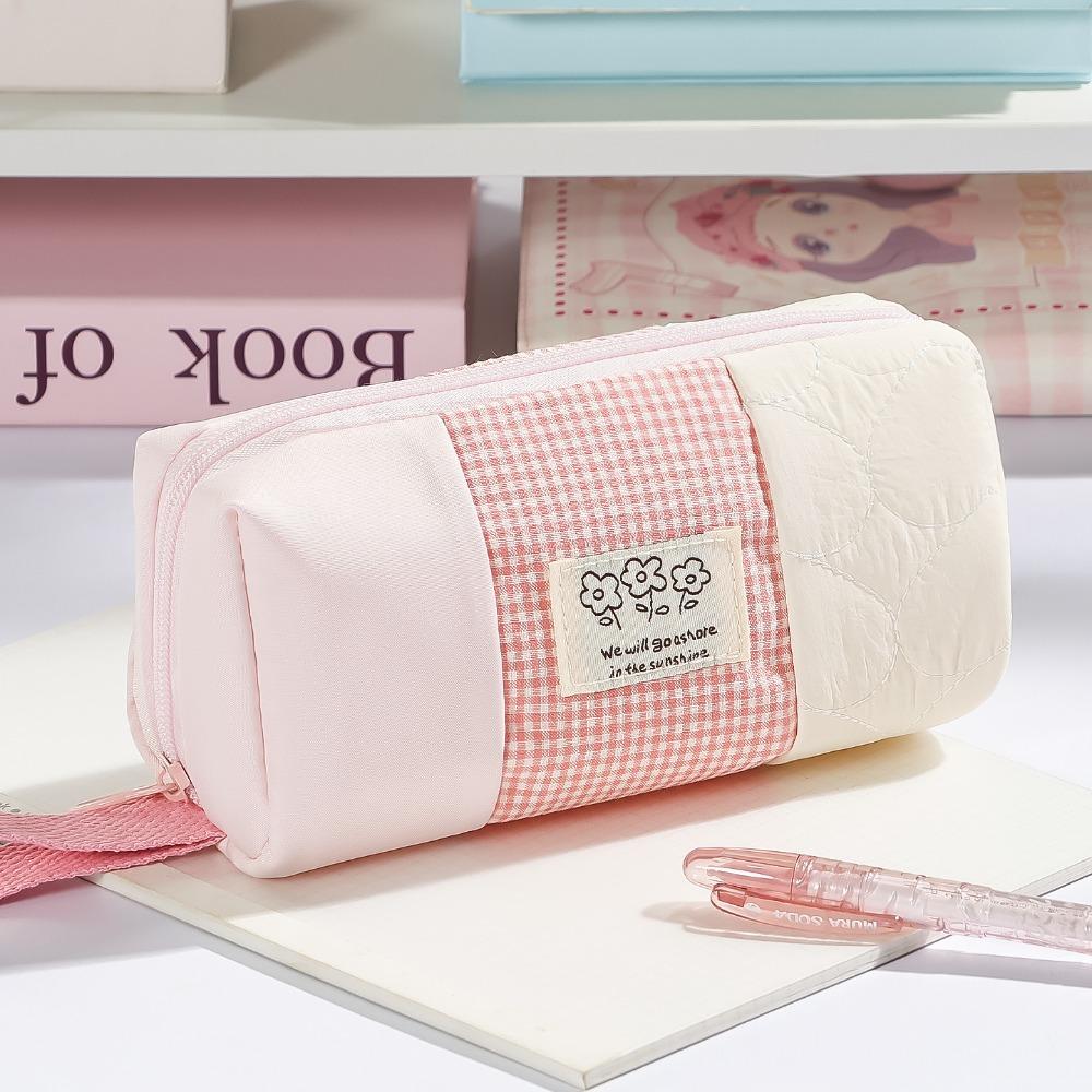 Large Capacity Pen Bag Plaid Color-Blocking Stationery Bag Korean Pencil Pouch  Gift